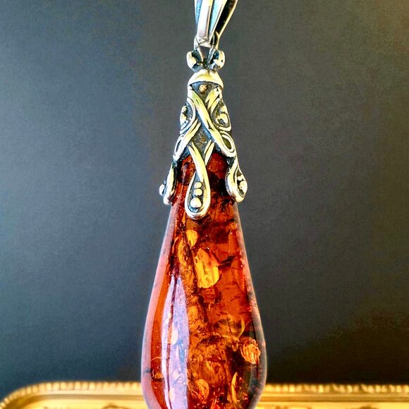 Sterling Silver Honey Baltic Amber Teardrop Pendant - Picture 1 of 11